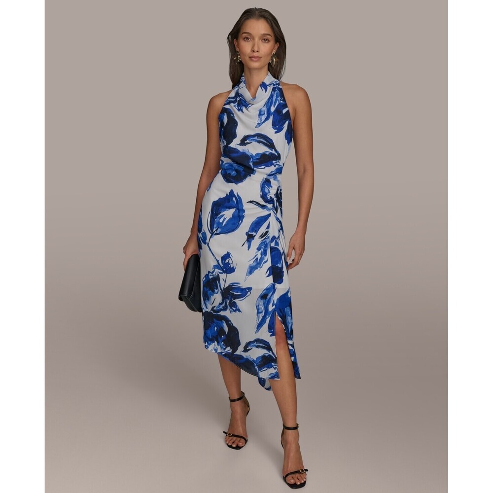 Donna Karan New York A-Line Dress Cream Electric Blue Multi, Size 16